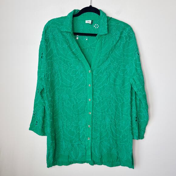 Anthropologie Akemi + Kin Abacos Green Eyelet Tunic Blouse Top Medium OB762780‎ - Picture 1 of 10